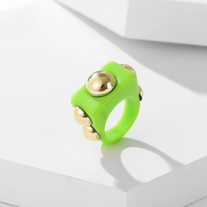  Punk Gold Bead Transparent Resin Acrylic Square Rings for Women Trendy Big Geometric Round Chunky Finger Jewelry