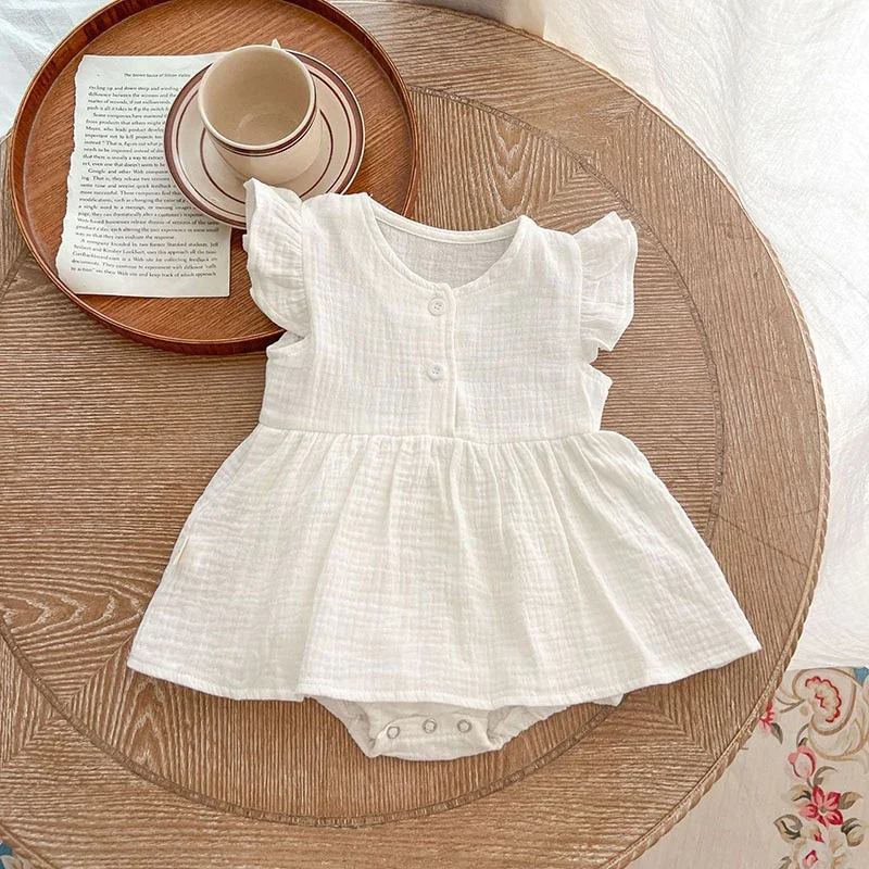 Summer baby girls flying sleeve suspenders stretch button pure color crepe frilly dress romper kids bodysuit