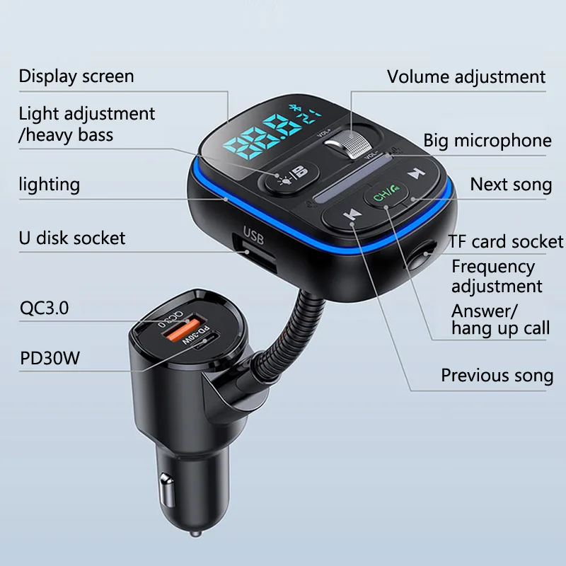 Qc3.0 Type C Pd 30W Fast Charging Colorful Light Handsfree Car Kit FM Transmitter Bass Wireless Car Mp3 Player