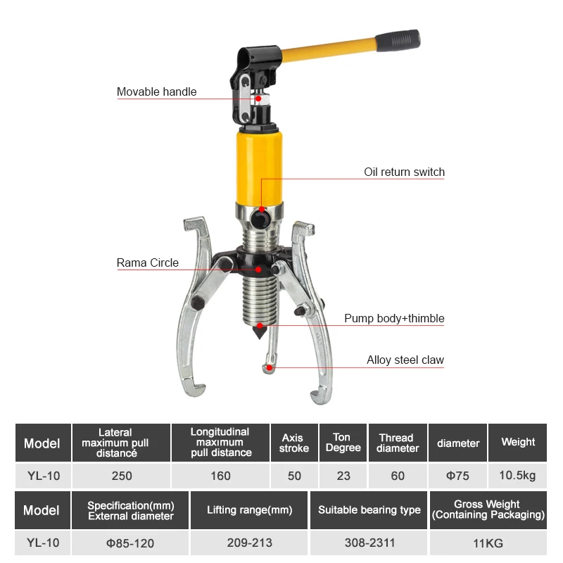 YL-10S 10Ton Hydraulic Gear Puller Adjustable 3 Jaws Wheel Bearing Pulling Separator 3 in 1 Pump Wheel Bearing for Repair Shop