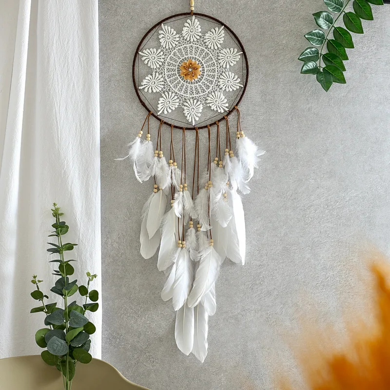 White Bohemian Feather Dream Catcher Home Decoration Wall Hanging Decor For Bedroom Traditional Circular Net