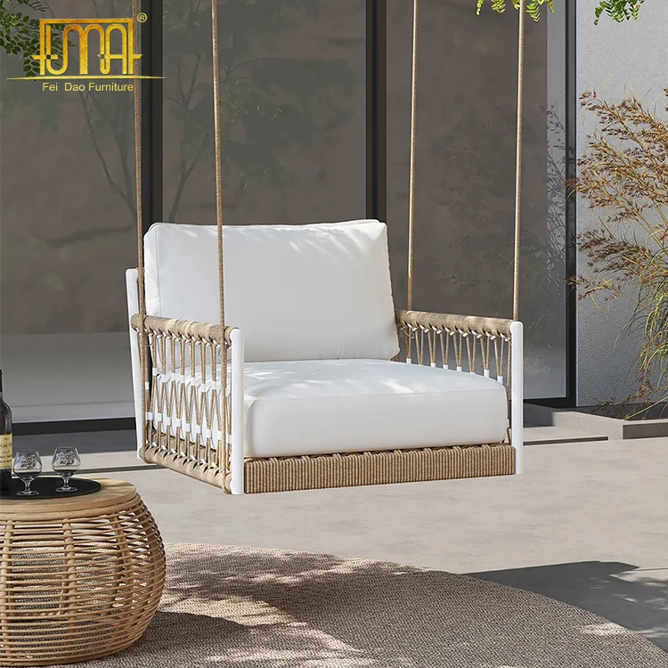 Woven Rope Outside Patio Swing Sofa Arm Chair with White Cushion