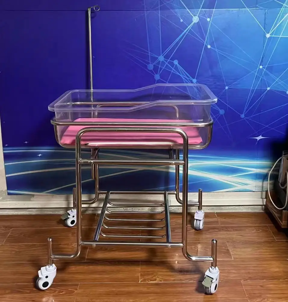 Hospital furniture Stainless Steel nursery baby bassinet Blue Pink Baby Bed infant Cart for newborn baby