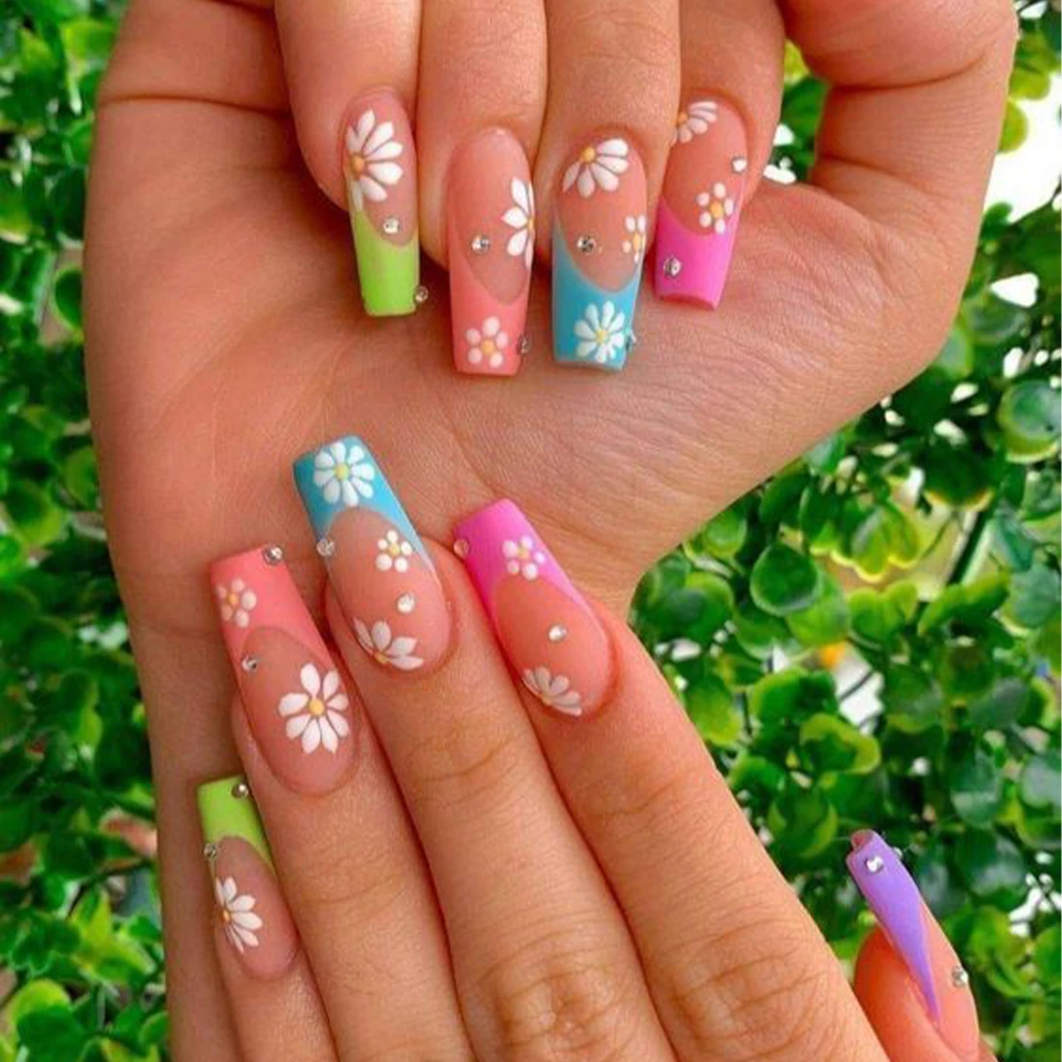 French Flowers Press on Nails Flash Diamond 3D Rhinestones Glitter Glossy False Nails Long Ballerina Coffin Fake  Tips Manicure