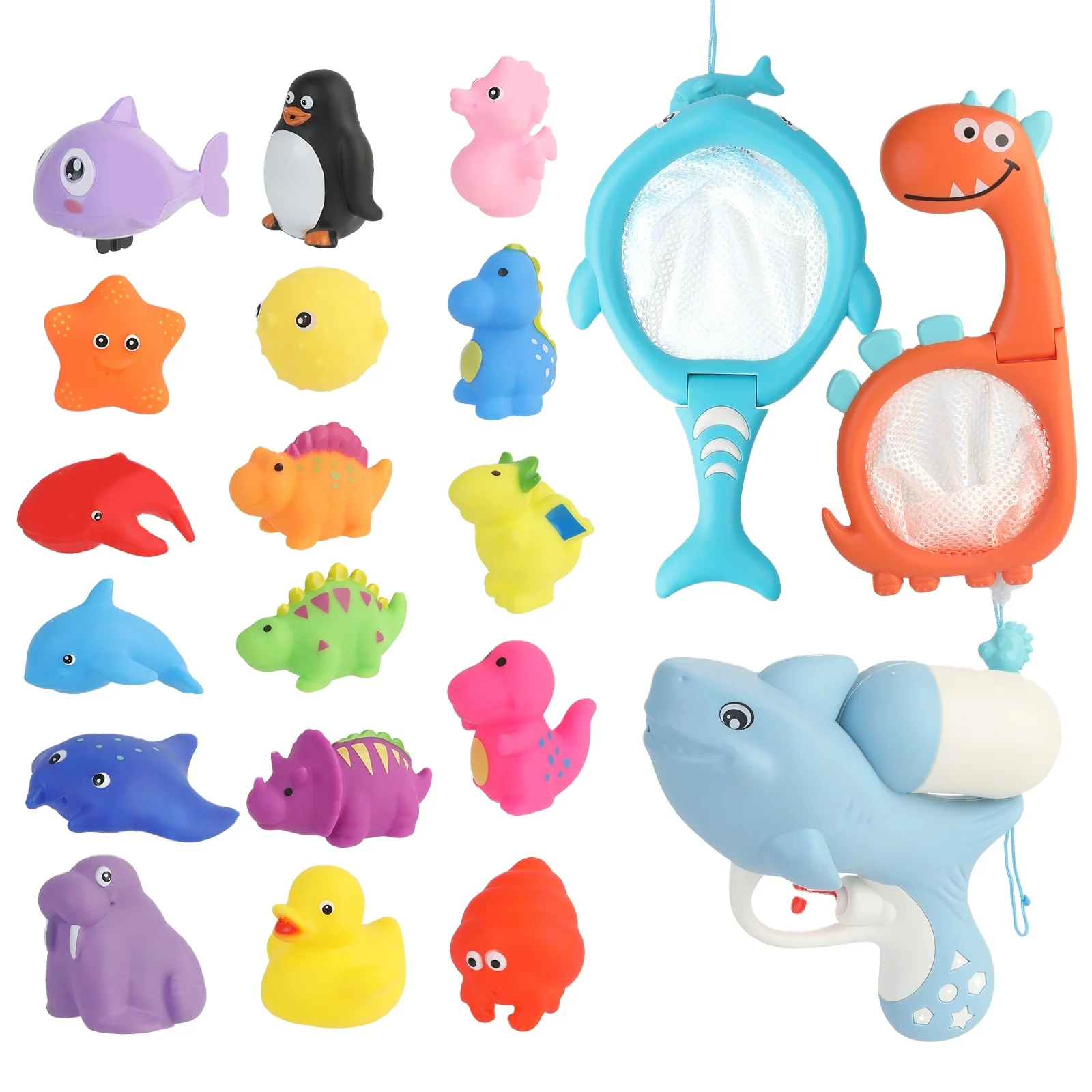 2020 детские подарки, 20 шт., резиновый водяной пистолет с животными и рыболовная сеть, Детские Игрушки для ванны, душ для малышей с звуками и сквиртами