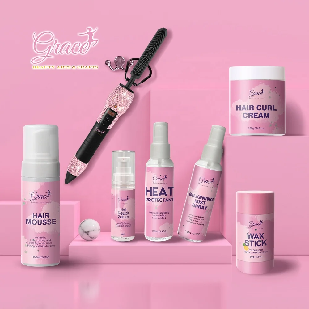 Private label wax stick hair repair serum heat protectant spray curly hair mousse Straightening 500F hot comb hair styling Kit
