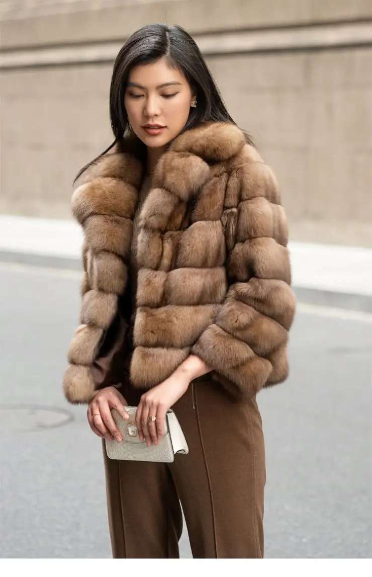 Luxury Smooth Classic Primary Color Real Sable Lapel Fur Coat Winter Long Sleeve Fur Jacket For Women