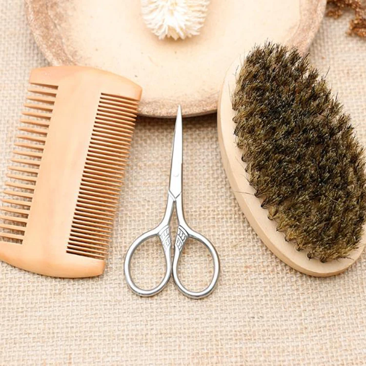 3 шт./компл. щетка для бороды с щетиной кабана, деревянная расческа для бороды, ножницы для усов, набор кистей для бритья бороды, подарок для мужчин