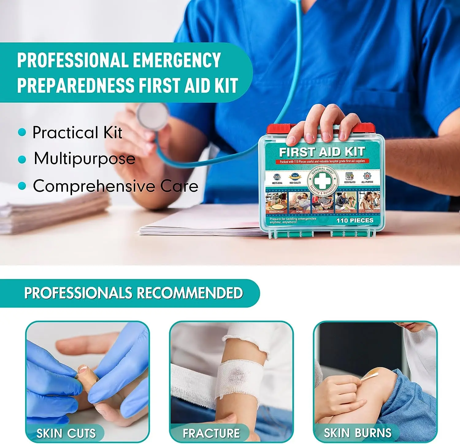 Mini Light New Type 110 Pieces Hard Case Box First Aid Kit First Aid Box Plastic For Travel Home Office And School