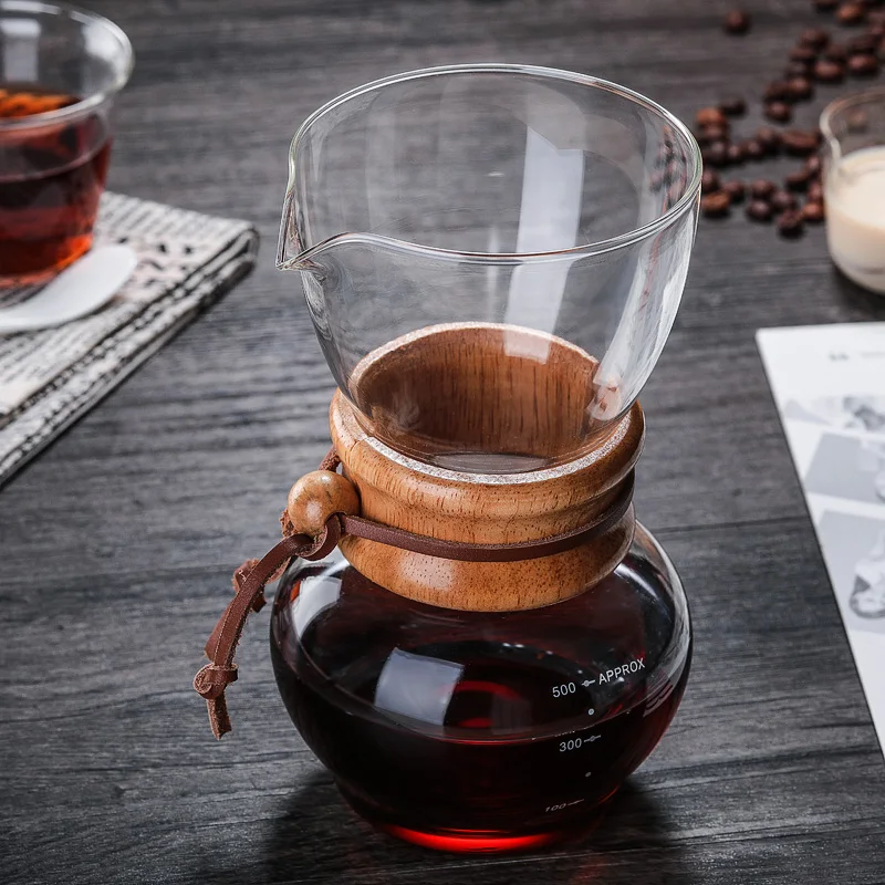 500ml coffee pot made of high borosilicate glass wood handle for effective anti-hot for family sharing