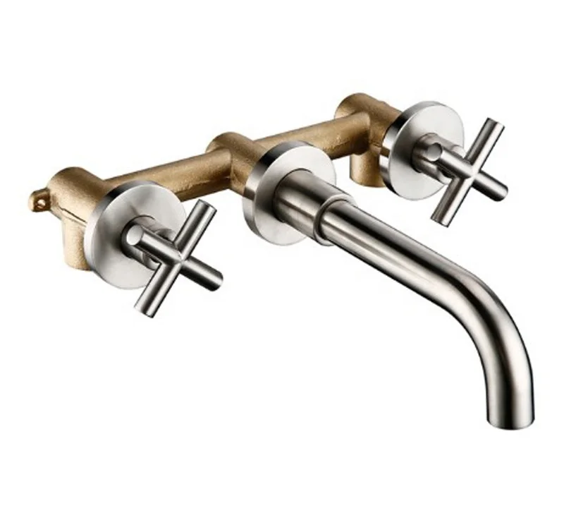 wall-mounted plumbing tap brass 3 pcs bathroom washbasin faucets (D2_brush nickel)