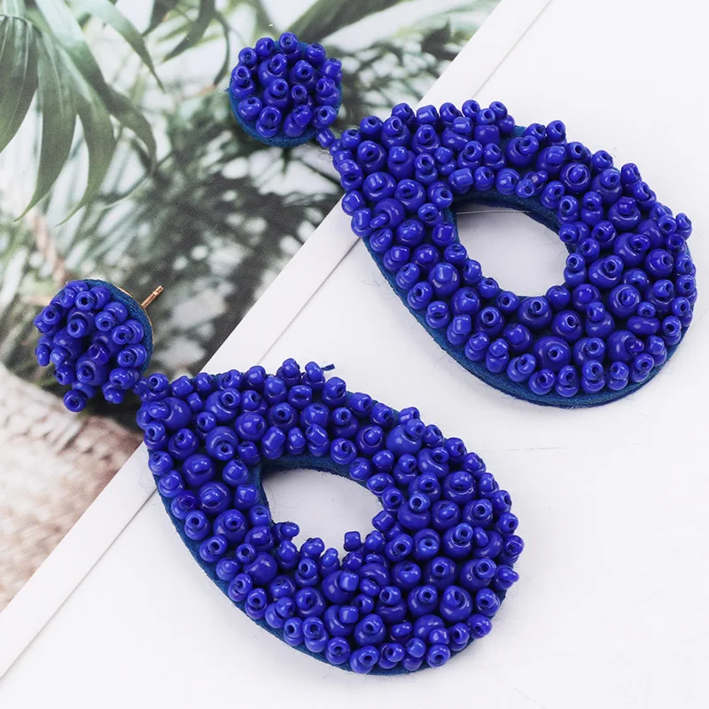 Statement Ethnic Bohemian Single Side Seed Rice Beads Geometric Oval Long Drop Earring for Women Handmade Fashion Jewelry