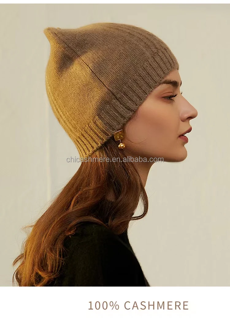 Прямая кашемировая фабрика, Женская Вязаная Шапка-бини с кошачьими ушками 3D для маленьких девочек из чистого кашемира, Шапка-бини из шерсти мериноса в рубчик