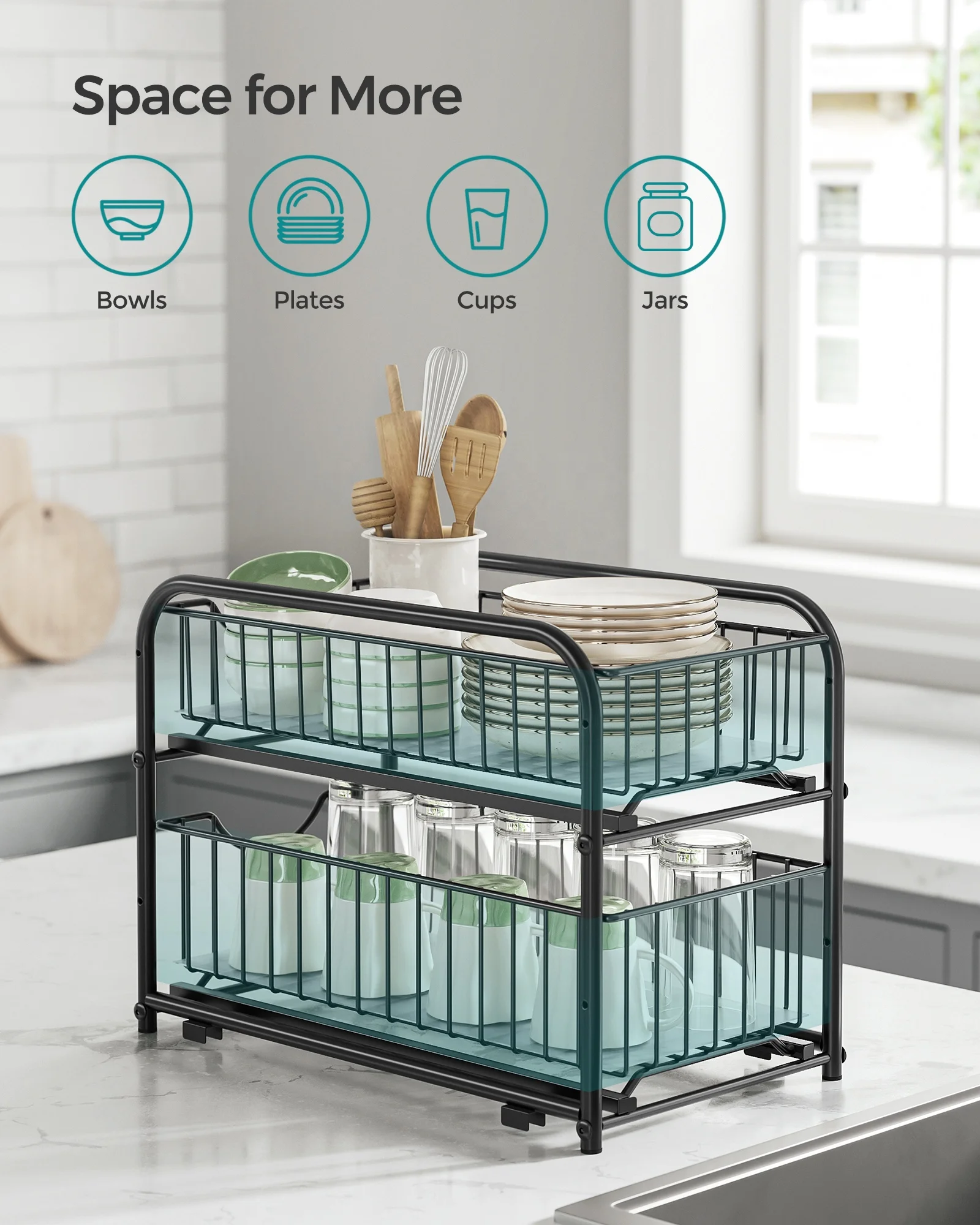 SONGMICS Under Sink Cupboard Storage with Drawers for Kitchen Bathroom Stackable Storage Rack 2 Tier Dish Drying Rack