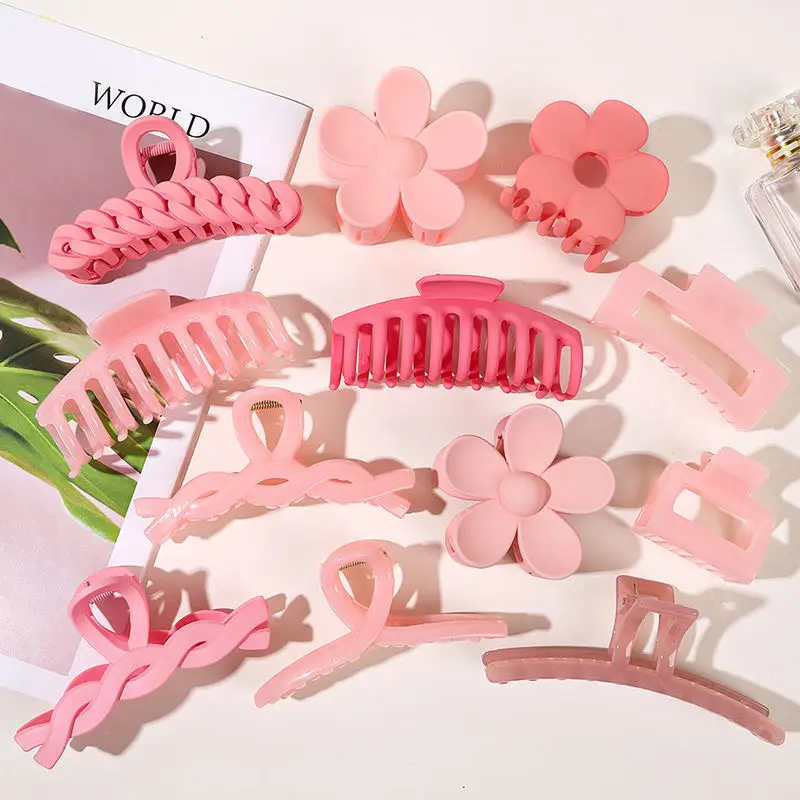 ODM OEM Geometric Acrylic Butterfly Hairpins Customize Logo Large Frosted Shark Clip Pink Series Matte Flower Hollow Hair Claw