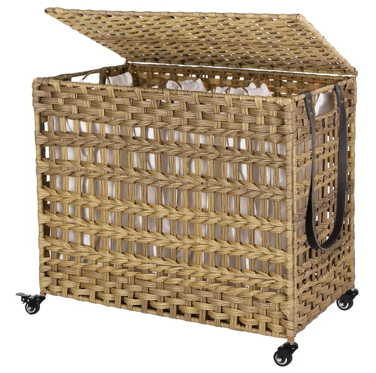 JY Handwoven Large Laundry Basket Cotton Liner and Metal Wheels Frame Collapsible Clothes Hamper with Handle