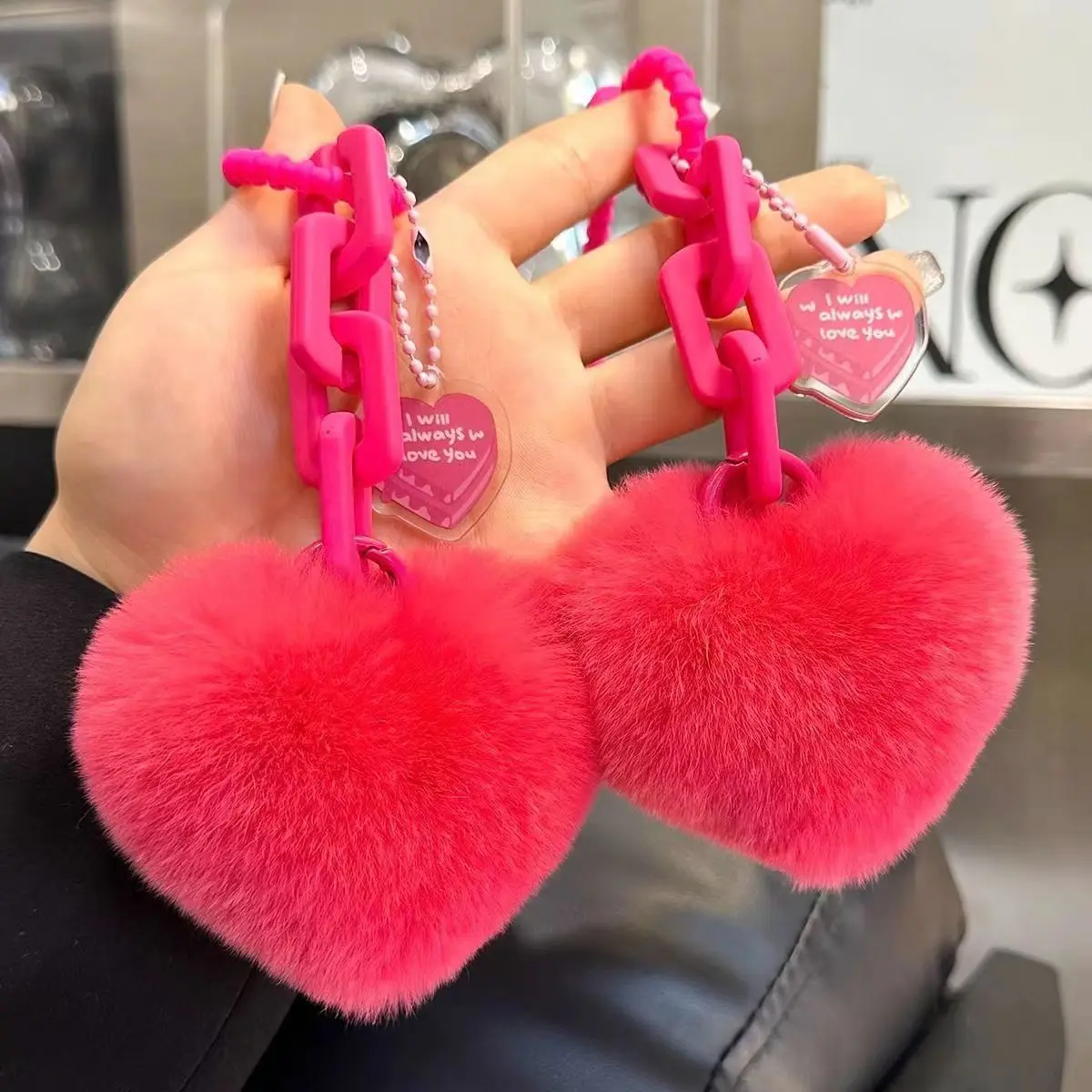 Peach Heart Chain Keychain Cute Imitate Rex Rabbit Fur Silicone Exquisite Schoolbag Pendant Plush Keyring