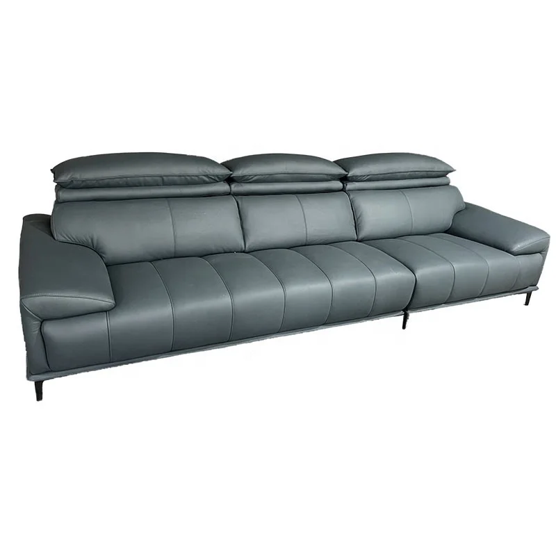 I Shape Adjustable Head Premium Genuine Leather Sofa With Black Steel Legs For Living Room Furniture