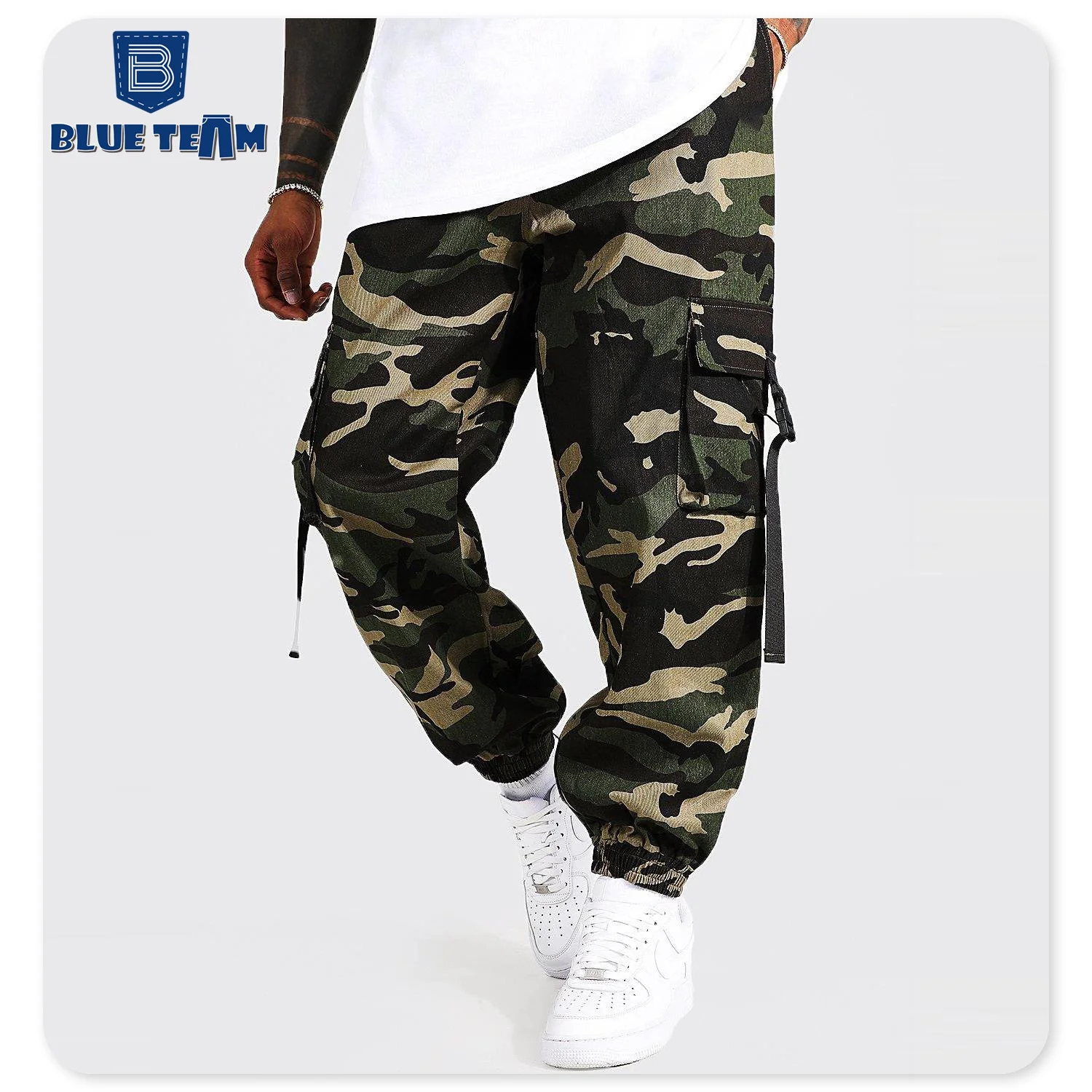 Blue Team | Custom mens camo pants woven cargo pants with pockets baggy cargo jeans camouflage pants for men