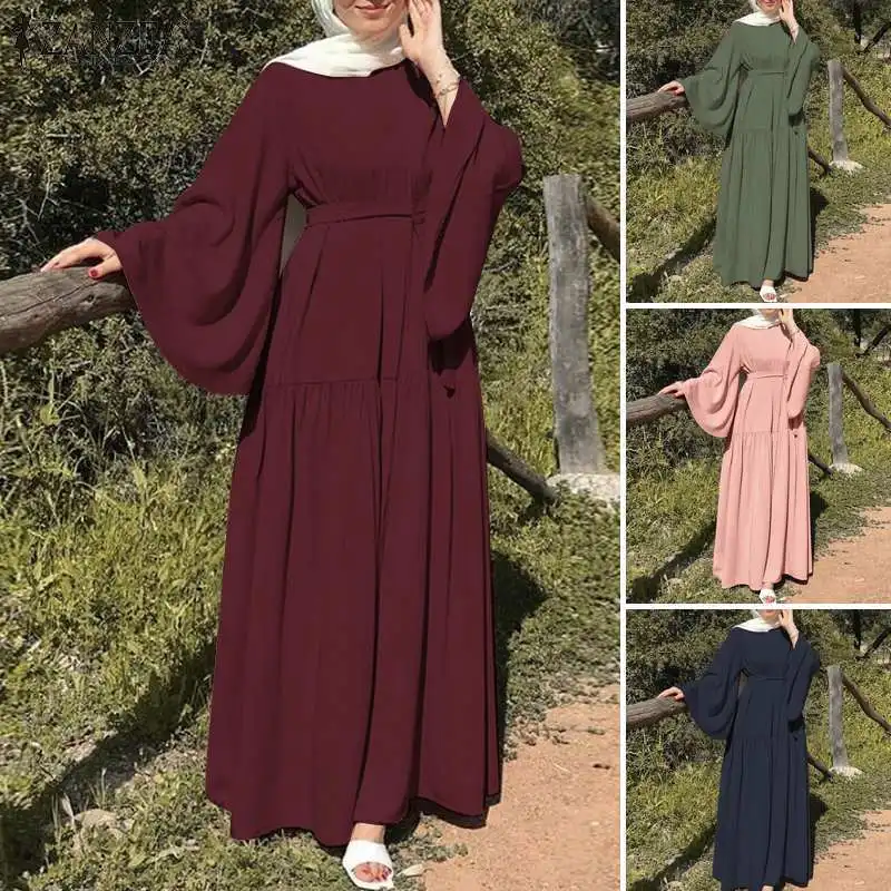 Hot Selling Islamic Clothing Trumpet Sleeves with Belt Kuwait Abaya Long Maxi Crew Neck Abaya Women Muslim Dress Polyester Woven