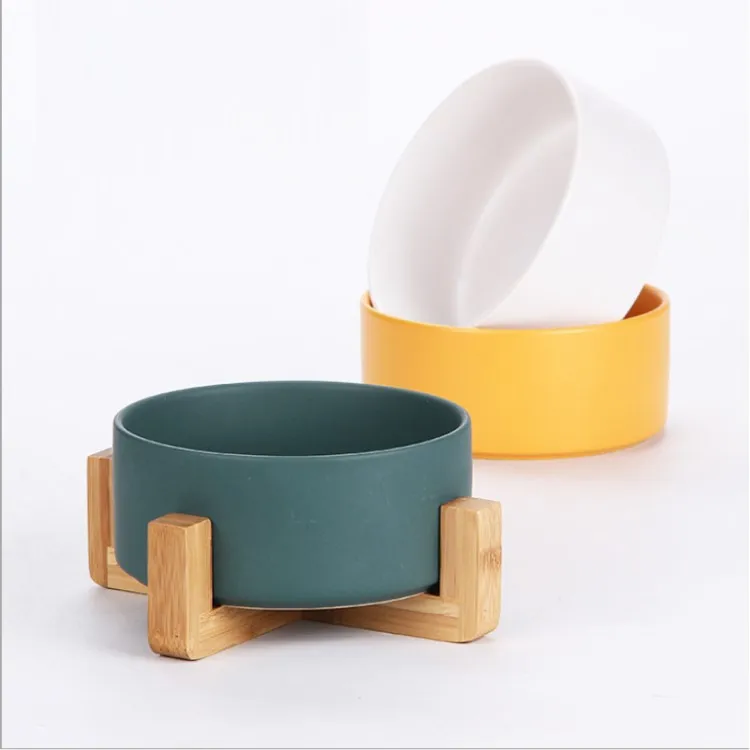 Elevated Ceramic Pet Cat Bowl Wooden Shelf Dog Food Feeder