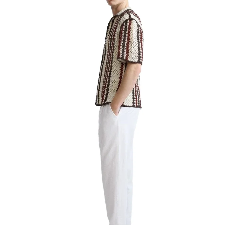 Custom design logo summer knit top mesh fashion casual hollow out short sleeve knitted  men crochet shirt