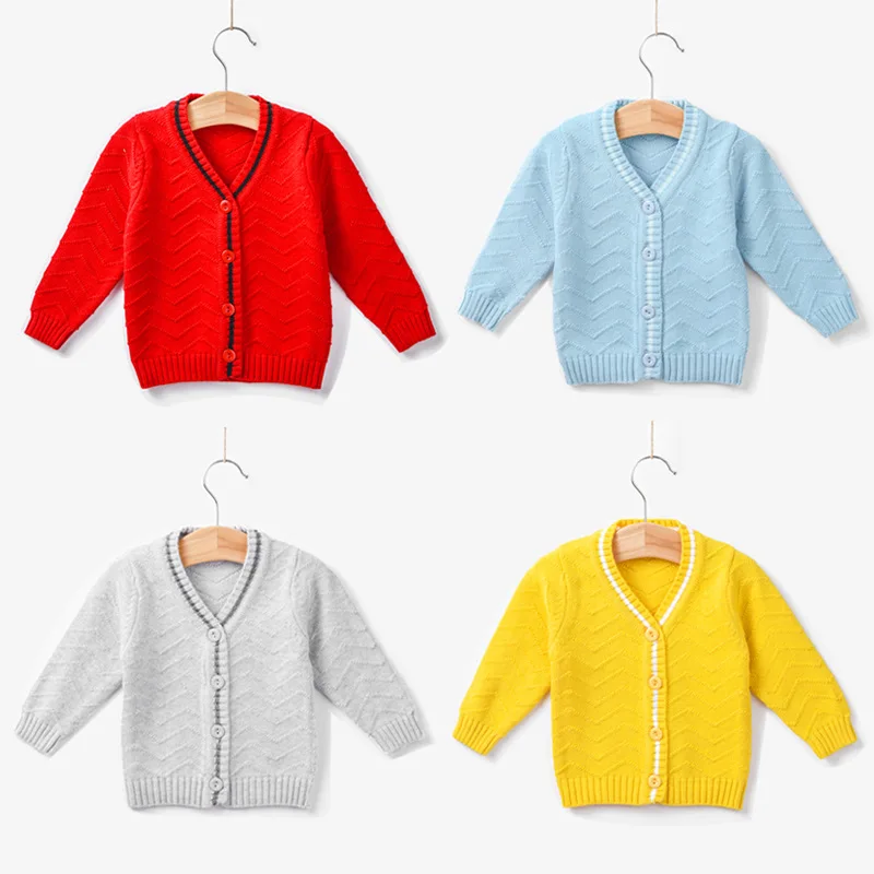 
Pure color spring and autumn V-neck baby sweater baby girls knitted cardigan sweater 