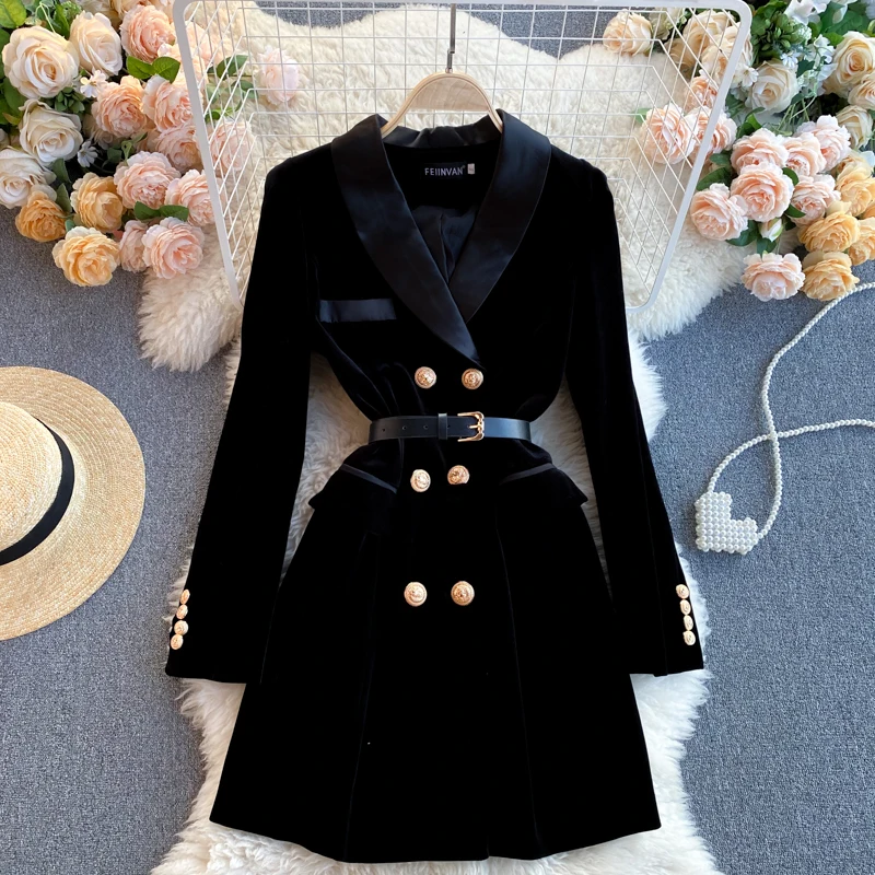 Long Sleeve Notched Collar Solid A-Line Dress Autumn Simple Velvet Mini Dress Ladies Casual Dress Clothes Women Wholesale