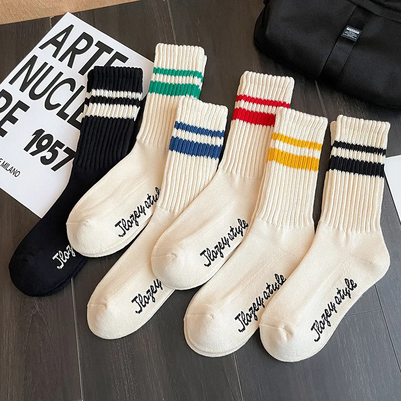 Custom thick ribs stripe socks quality organic cotton bamboo polyester print logo comfortable men women sport socks