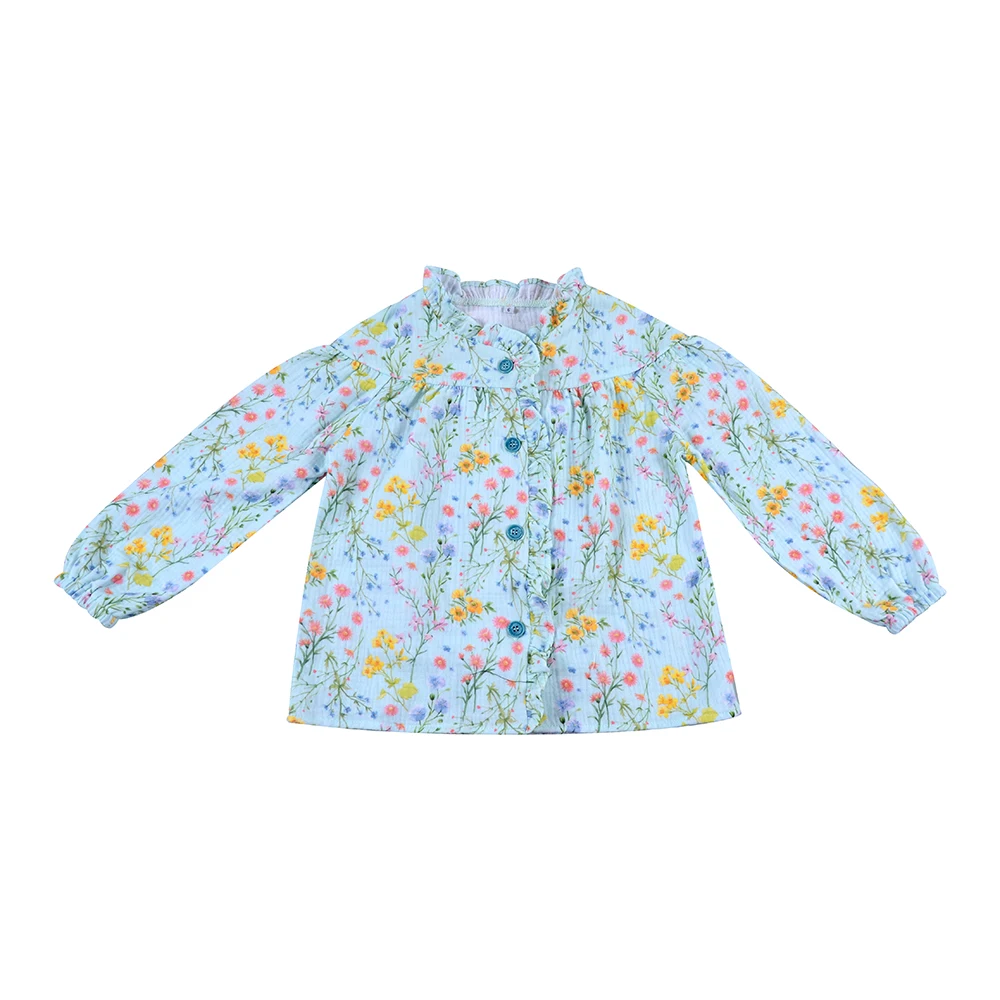 New Material Muslin Cotton Long Sleeves Floral Button Up Shirts Blouses for Toddler Girls Tops Shirts Clothing