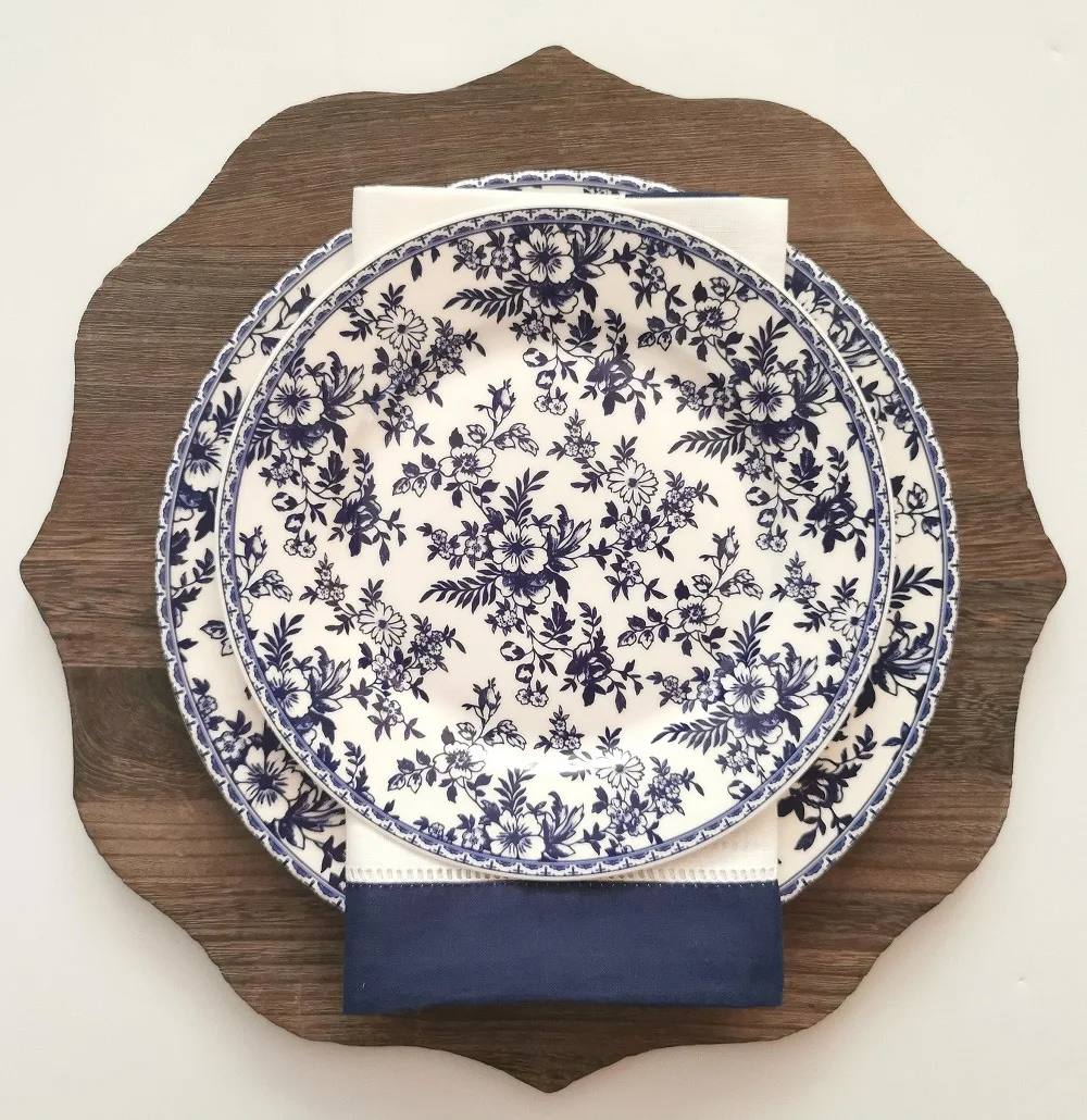 INT Tableware wholesale white and blue plate table setting cheap bone china ceramic porcelain plates for restaurant