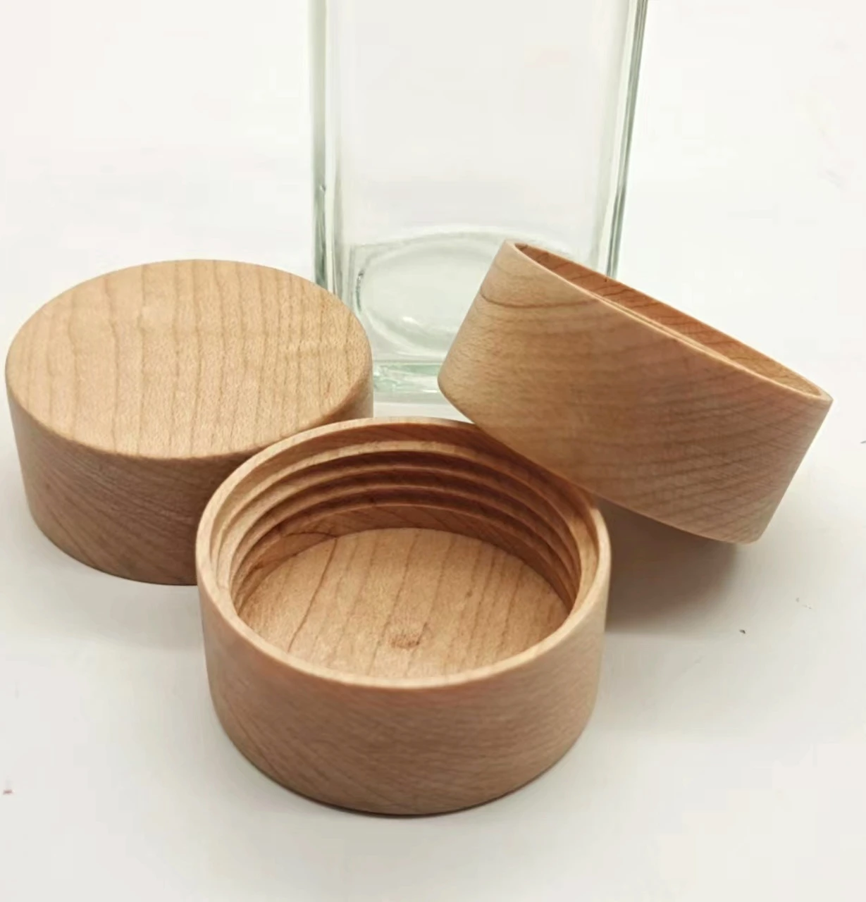 2023 New Design Product  Screw Cover Clear Bottle Cover Storage Wooden Lids For Food Snack Coffin Bean Glass Spice Jar