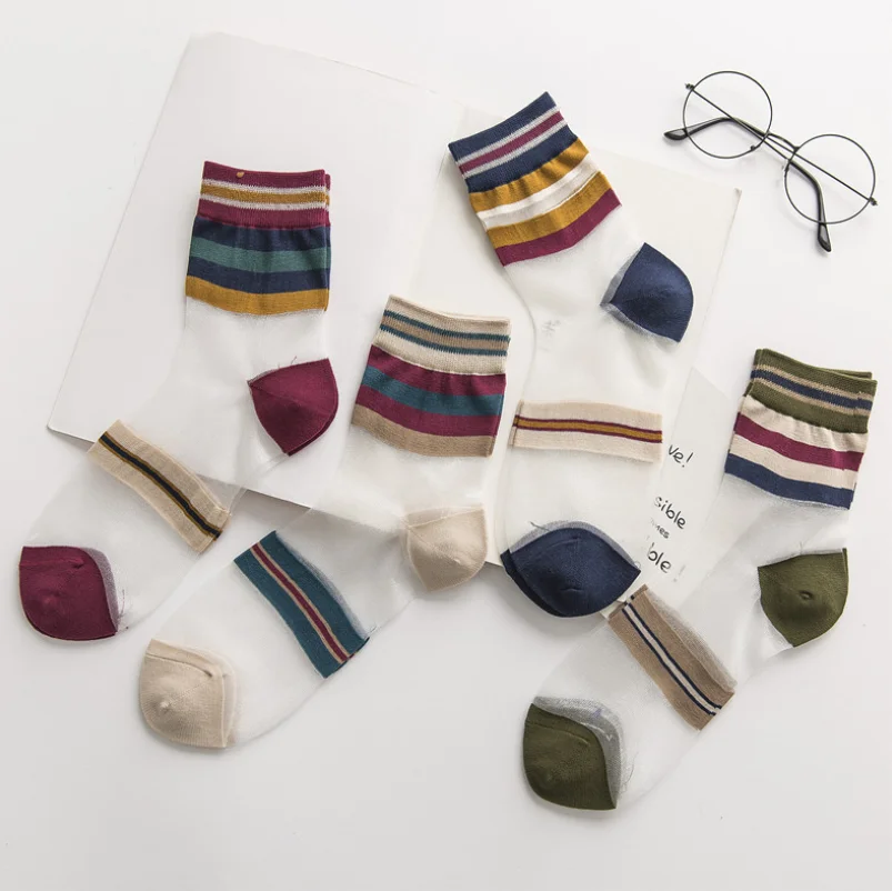 19 New Fashion Sheer Silk Women Socks Sheer Stockings Striped Socks