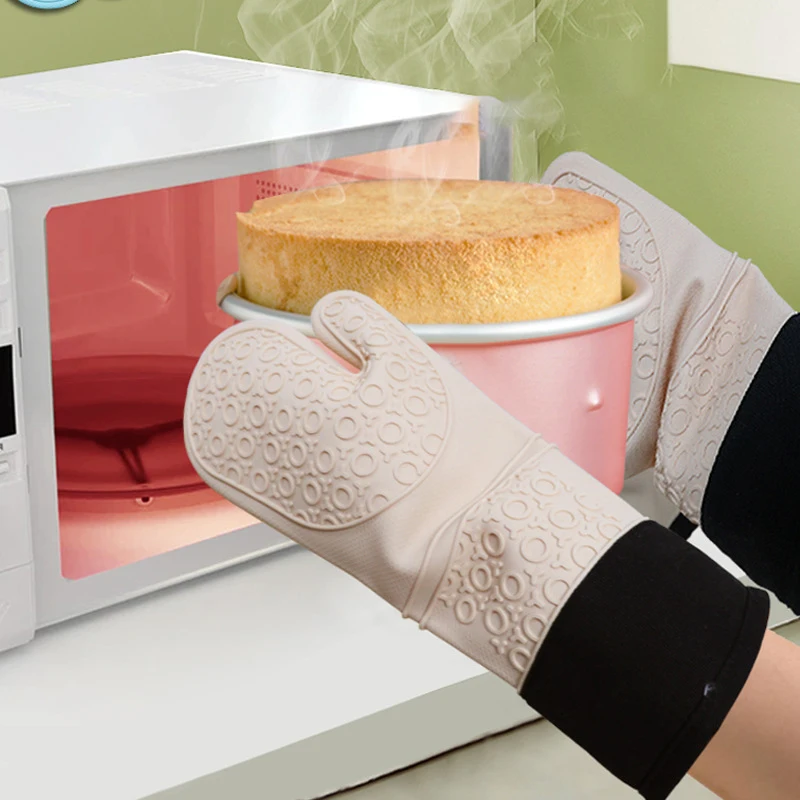 Waterproof Heat Resistant silicone oven gloves Kitchen Gloves Long Cotton Bbq Oven Gloves for Barbecue Cooking Baking