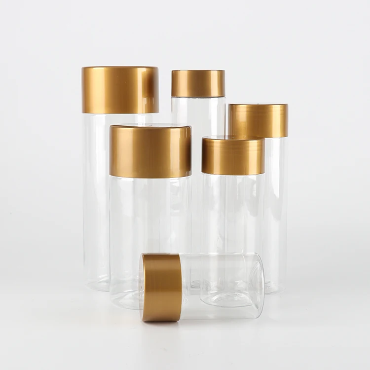 250ml 500ml 1000ml Plastic Tall Clear Candy Jars with Gold Screw Lids PET Storage Round Container for Food Package