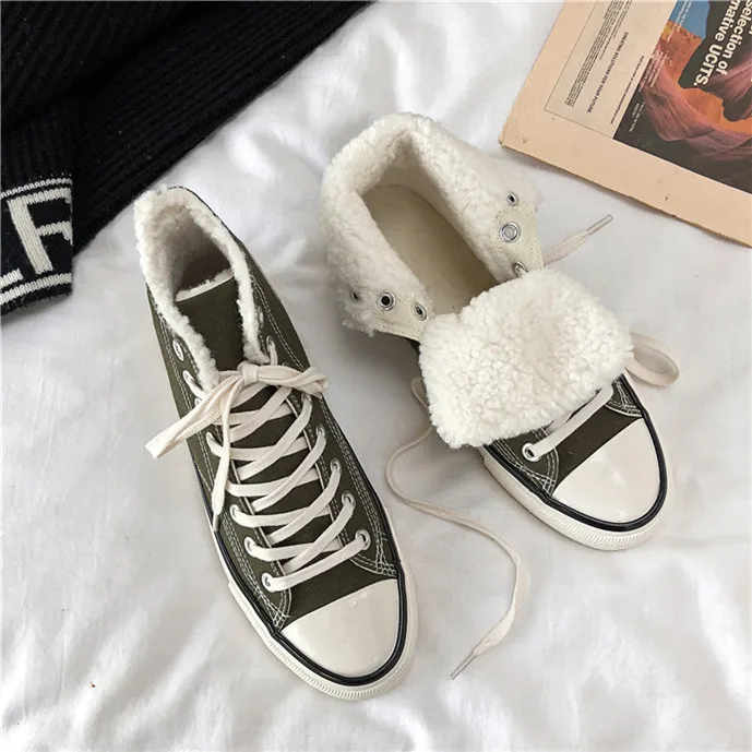 Winter Unisex Couple High Tops Flat Velvet Inside Keep Warm Canvas Shoes