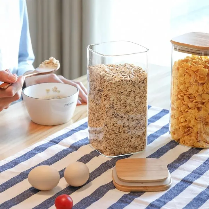 Clear Glass Airtight Food Storage Container Bamboo Lids Canister Set Pasta Flour Cereal Rice Sugar Coffee Beans Spice Storage