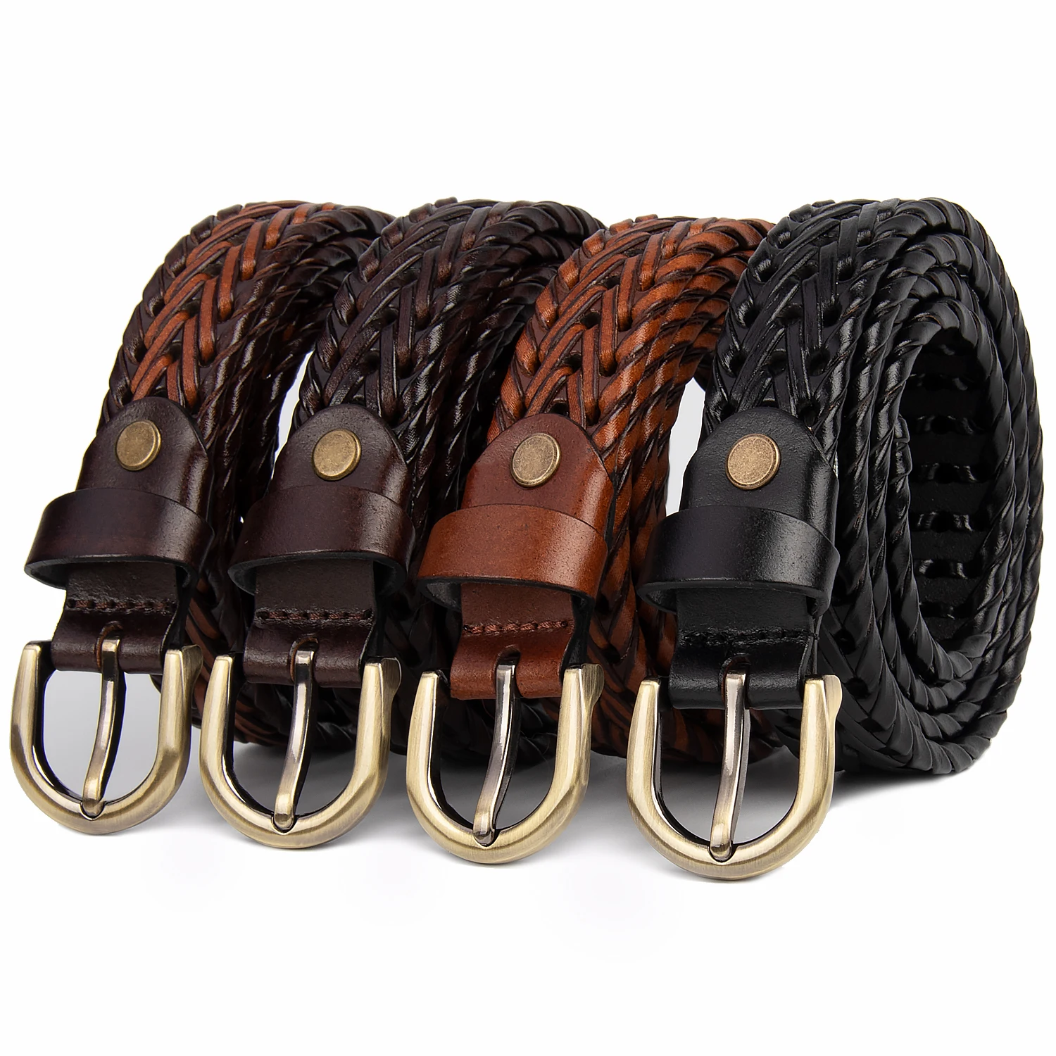 Custom gold buckle Luxury Black Brown Genuine Leather Braided Woven Man Knitted Belts