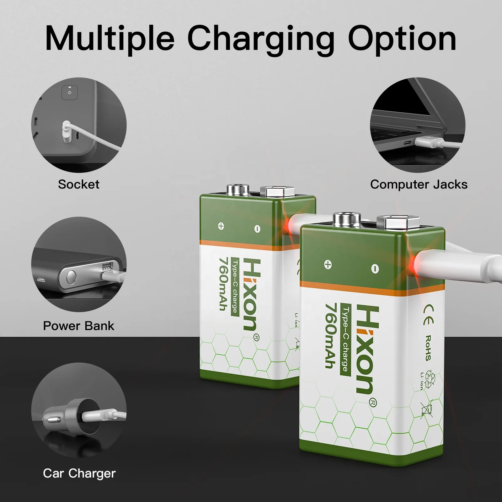 High quality 9V 760mah rechargeable lithium batteries 6F22 usb and type C charge battery 8pcs kit