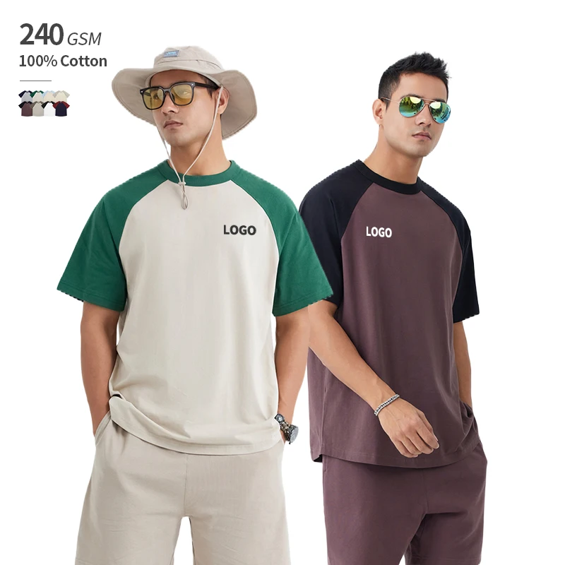 240 GSM 100% Cotton Curved Hem Backseam Raglan Secondary Color OEM Printing Crewneck Tshirt For Men Wholesale Best Quality