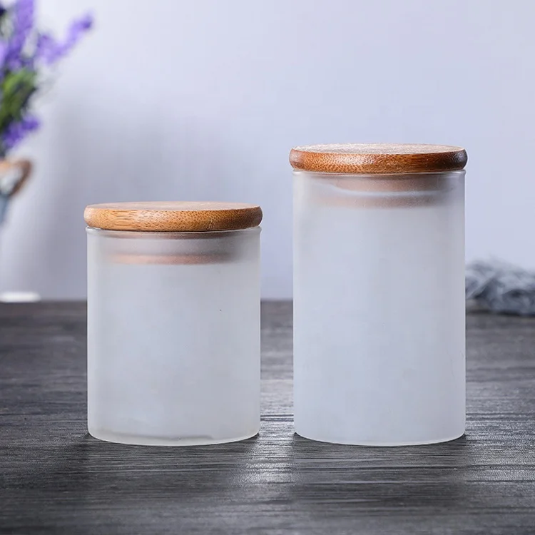 Hot sales white frosted customized candle holder glass candle jar with wooden lid for candle making