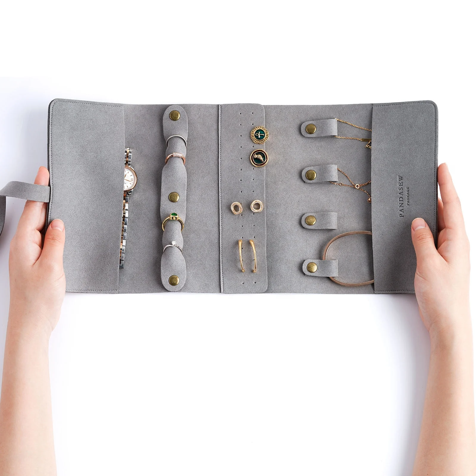 PandaSew Custom Logo Luxury 14mm Microfiber Travel Jewelry Organizer Case Roll Foldable Portable Jewelry Pouch