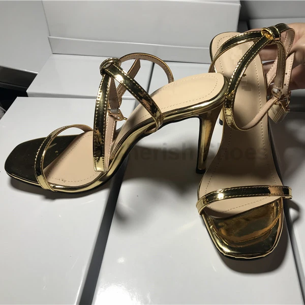 New design single band open toe ankle strap sandals lock detail square toe stiletto heels dress shoes for women ladies