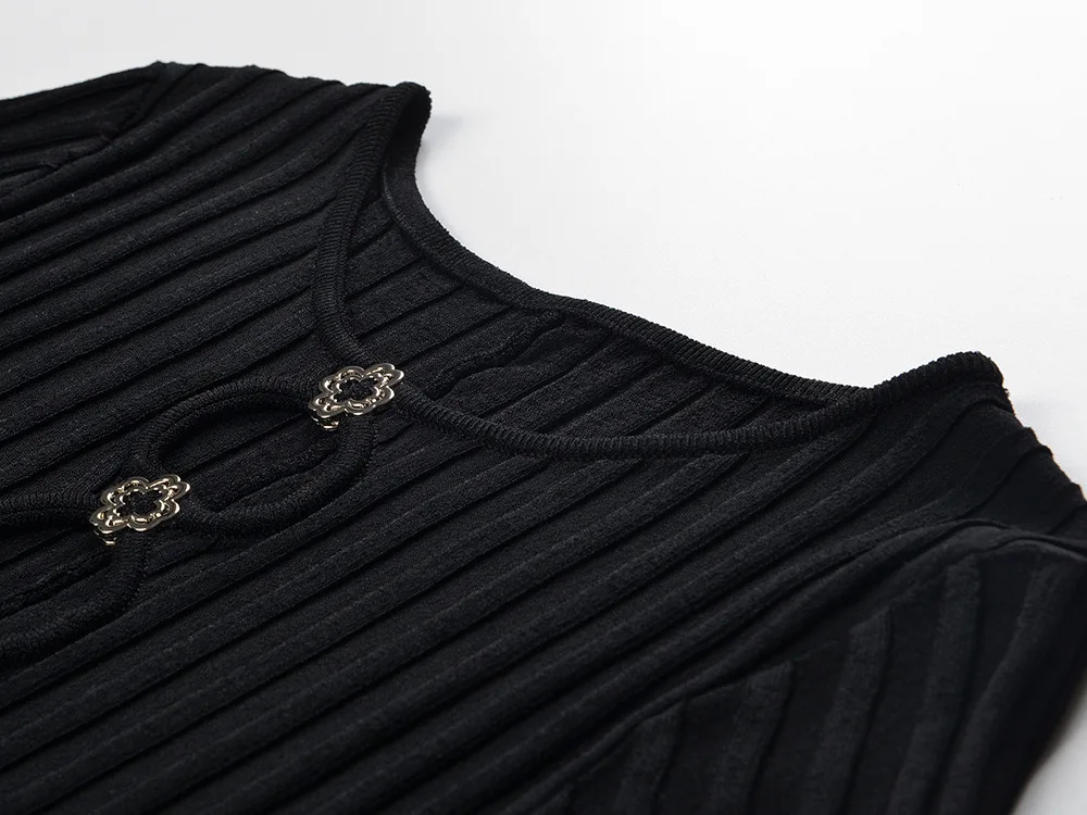 2024 Spring Summer French Style Women Knitted Short Sleeve Round Collar Ladies Fashion Maxi Long Solid Hollow Out Dresses