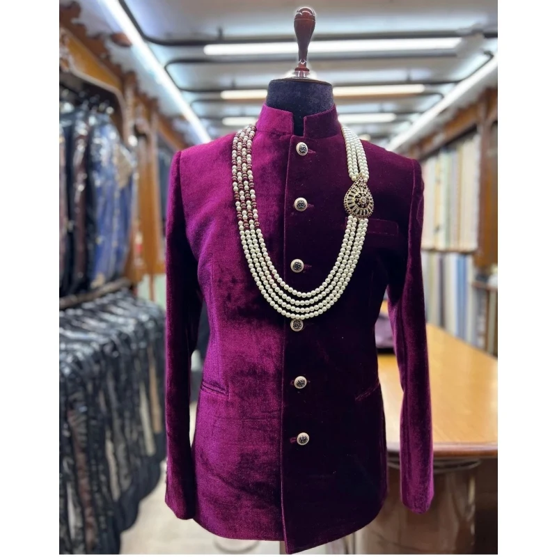 Velvet Mandarin Collar Men Suits India Wedding Groom Party Dress 2 Piece Costume Homme Business Single Breasted Outfits For Man