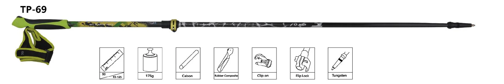 Custom Logo Carbon Nordic Walking Stick Rubber Grip Walking Sticks for Men Carbon Fiber Flip Lock 2 Section Walking Sticks