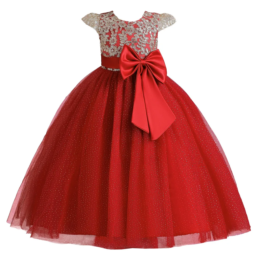Sequin bow red lace wedding dress Elegant Princess girl evening party gown dresses flower dresses for girls