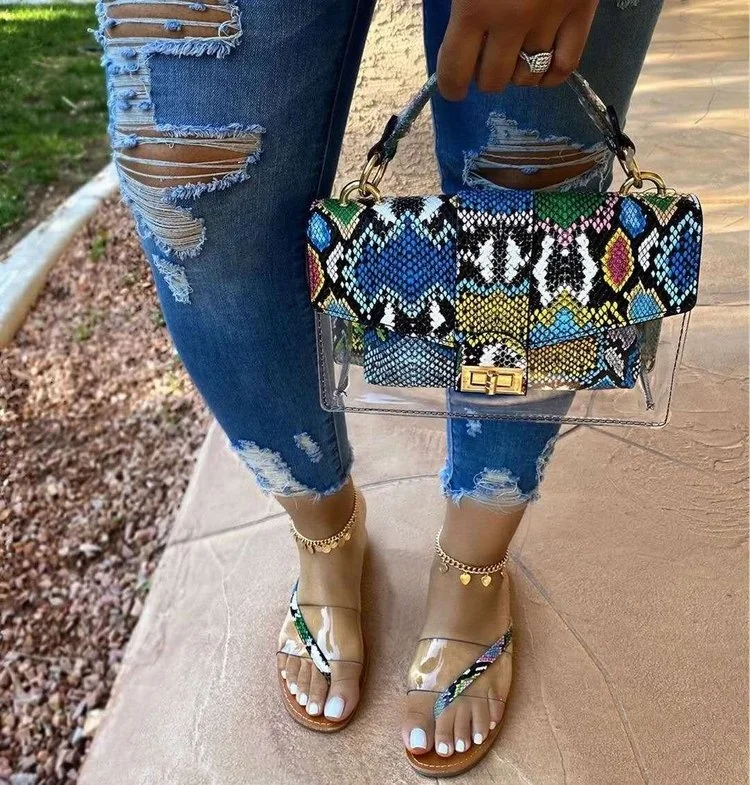 Lady Colorful Snake Pattern Purses With Clear PVC Sandals Set Women Fashion Purses And Handbags