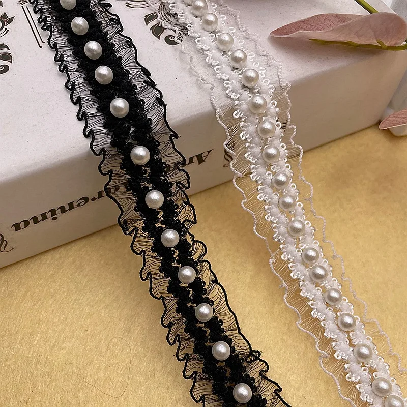Garment Accessories White black Bead Trim Elastic Trim Tulle Bridal Fabric Sewing Handmade Beaded Pearl Lace Bead Trim