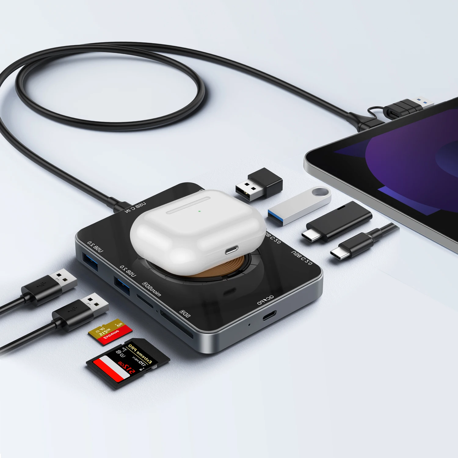 8in1 USB C Hub 5Gbps Type C Docking Station 15W Wireless Fast Charging TF/SD Card Reader QC/PD Power Inlet For Phone Computer